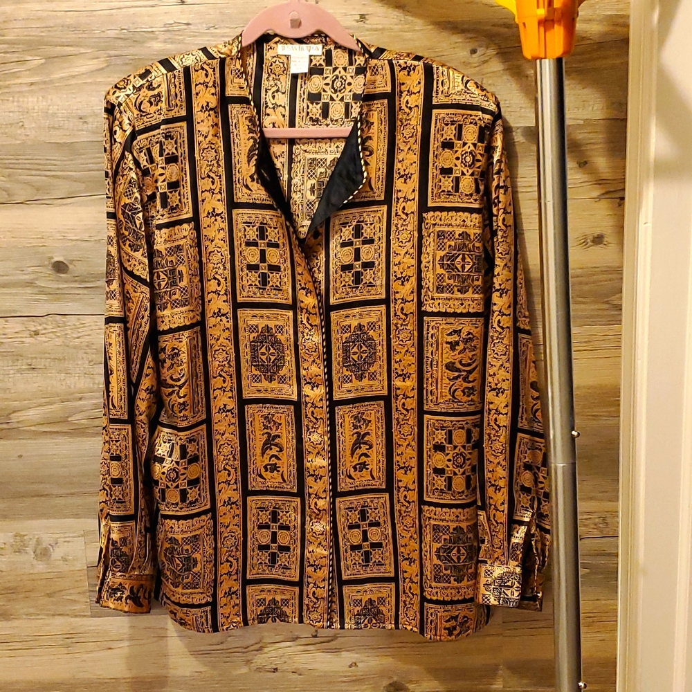 Susan Hutton gold and black long sleeve blouse